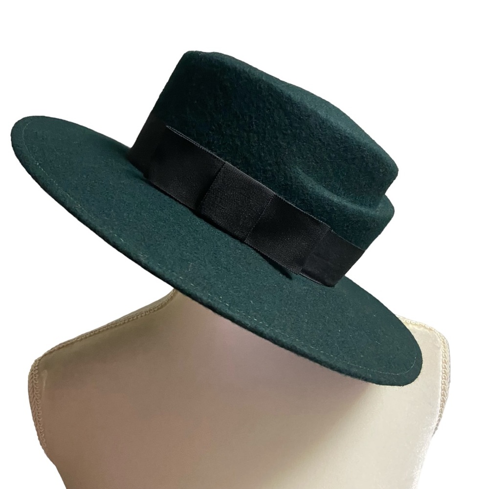 Madcaps Wide Brim Wool Hat Vintage Hunter Green Wool with Black Ribbon Bow Tie